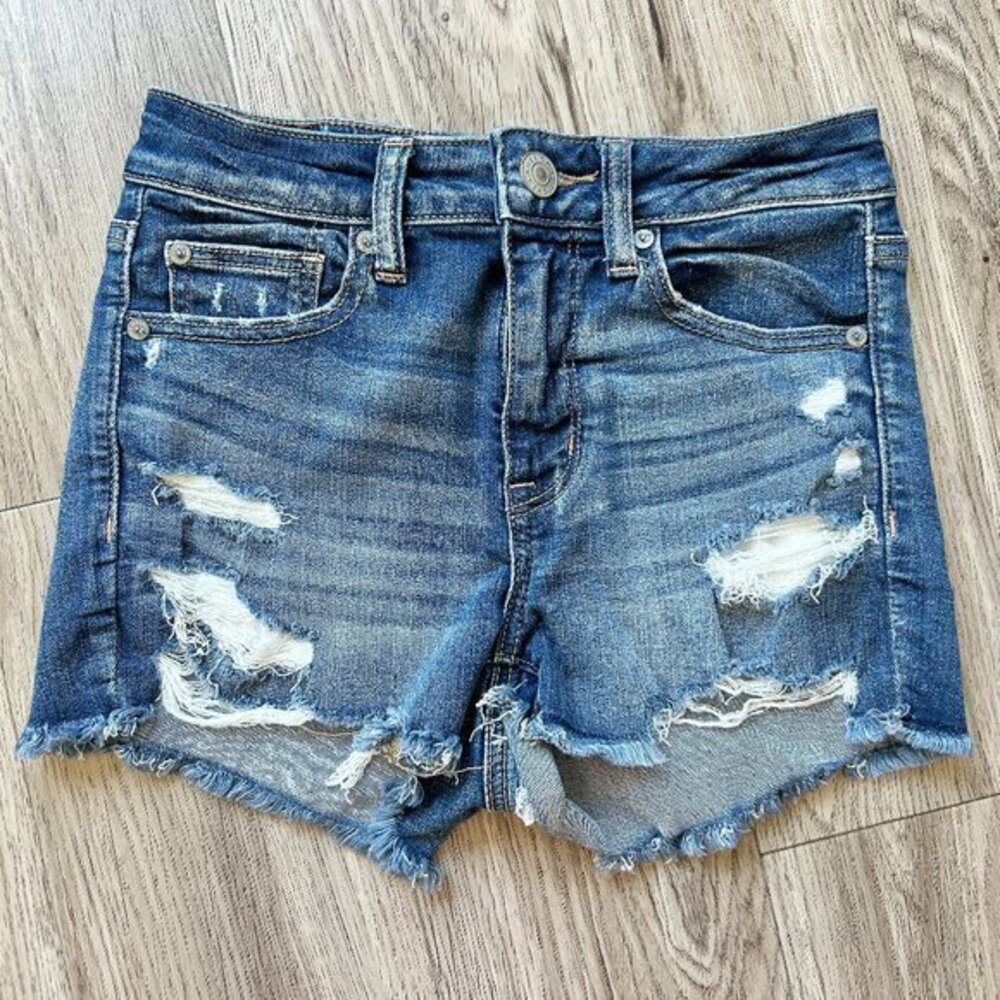 American Eagle Distressed Dark Wash Hi Rise Shortie Shorts Next Level Stretch 4
